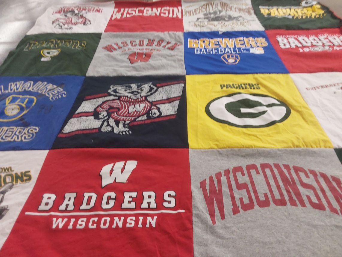 T-shirt quilt featuring wisconsin badgers, green bay packers by Devra from CA