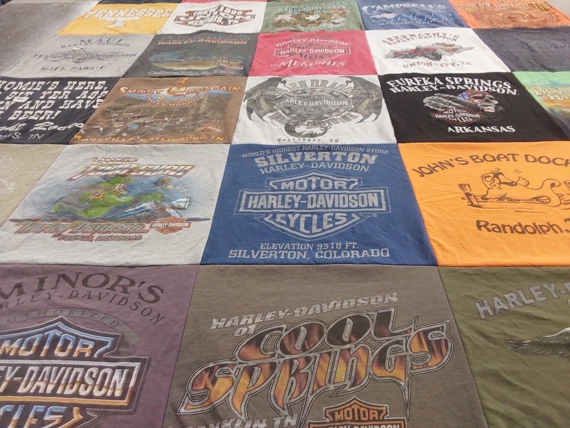 T-shirt quilt with motorcycles, travel themes by Lara from TN