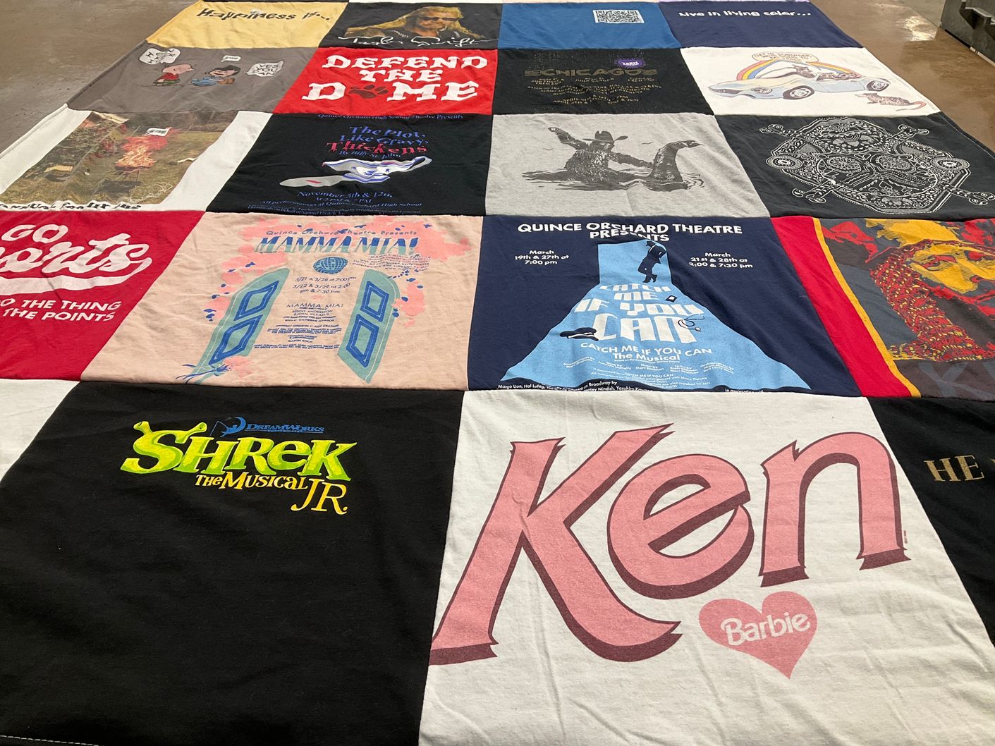 T-shirt quilt with theatre, musicals themes by Mindy from MD