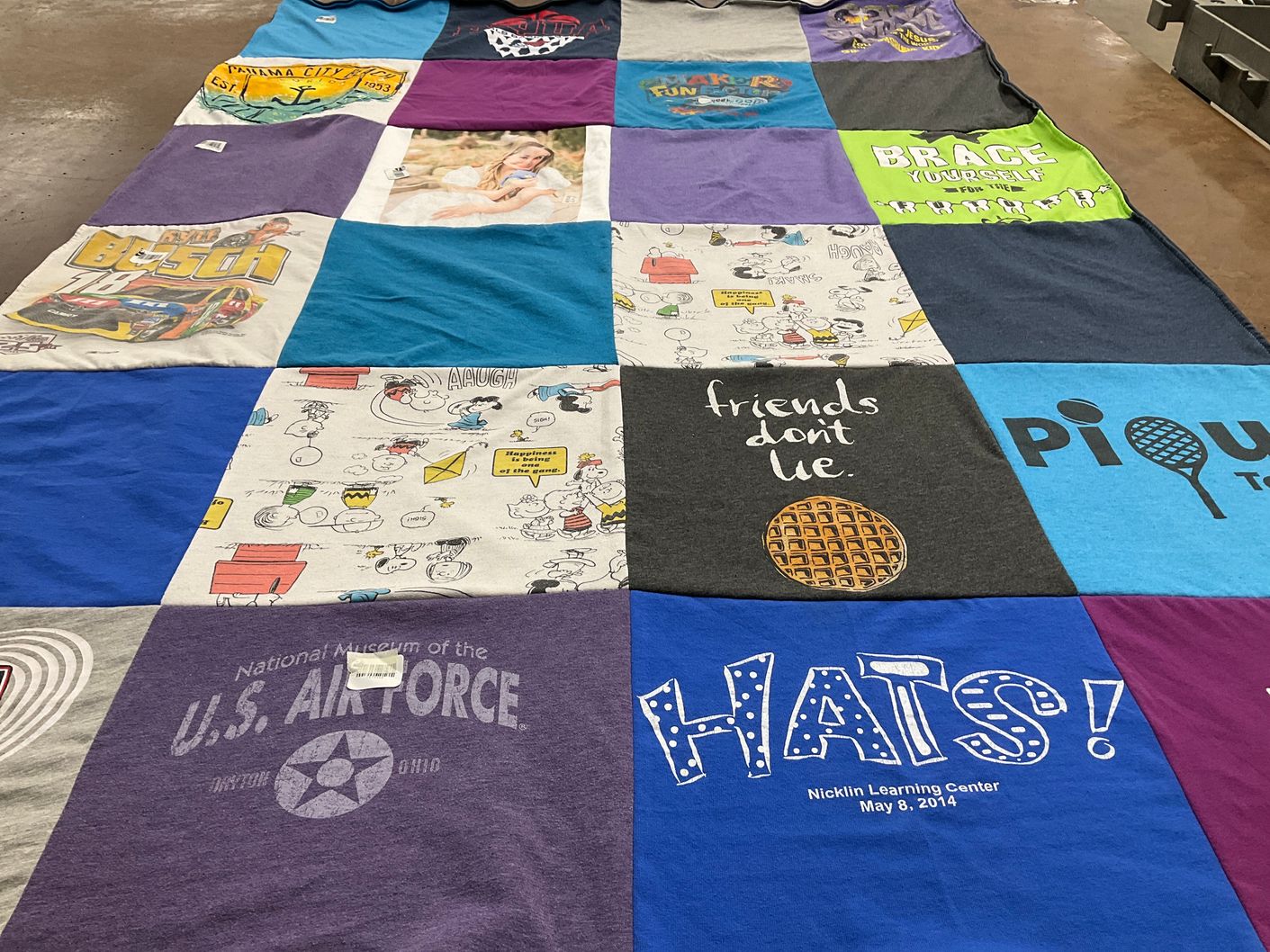 T-shirt quilt with airforce, peanuts themes by Melinda from OH