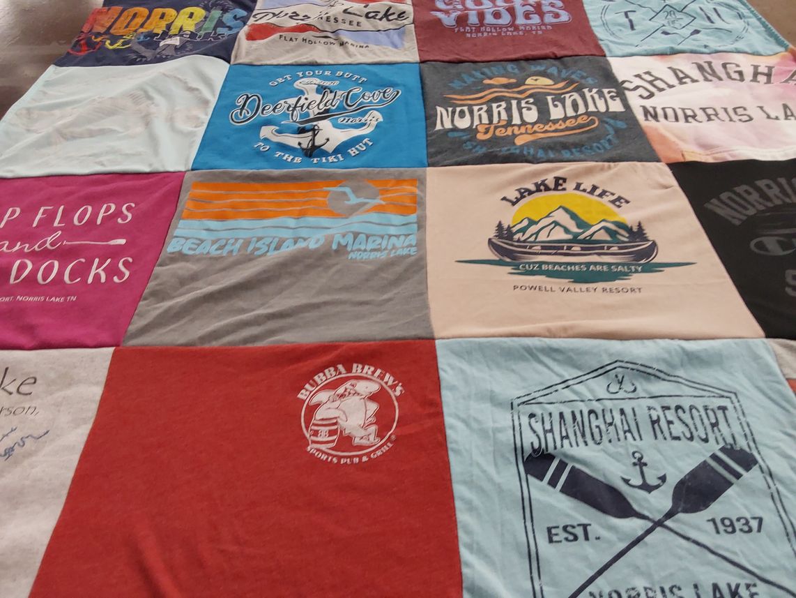 T-shirt quilt with lake activities, water sports themes by Andrea from OH