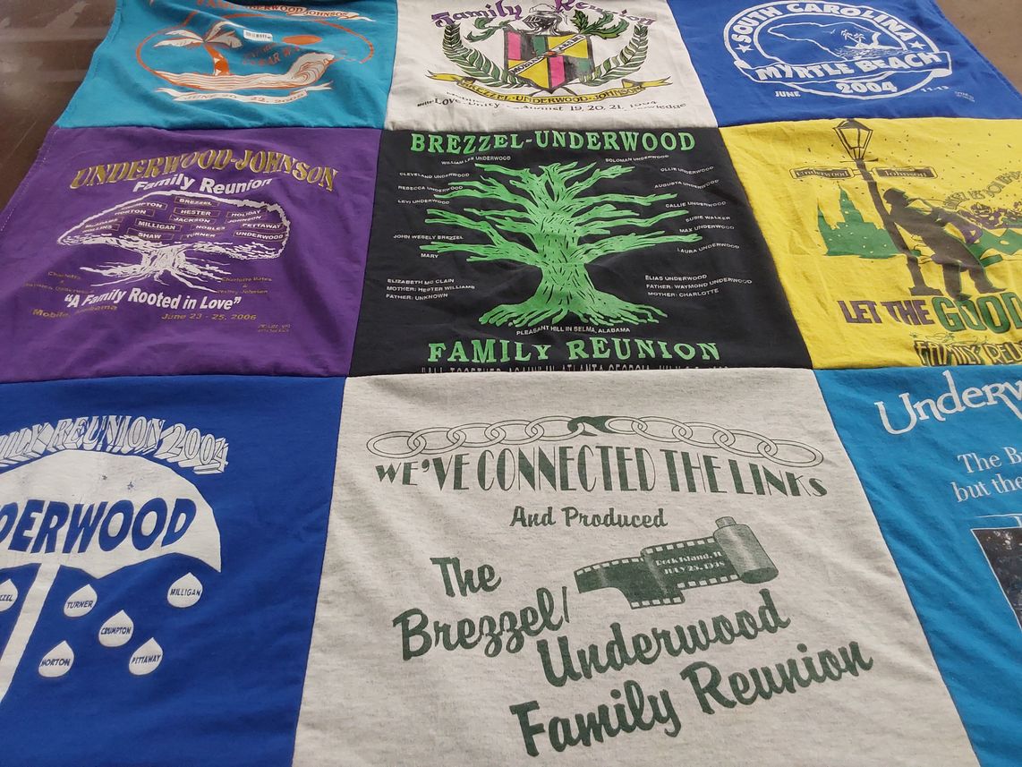 T-shirt quilt with family gatherings, genealogy themes by Sharon from AL