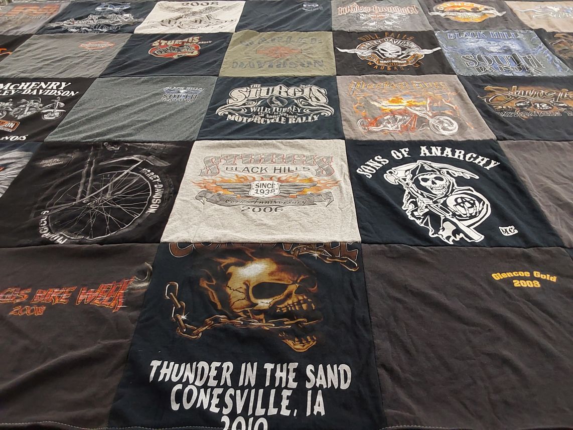 T-shirt quilt with motorcycles, biking themes by SANDRA from IL