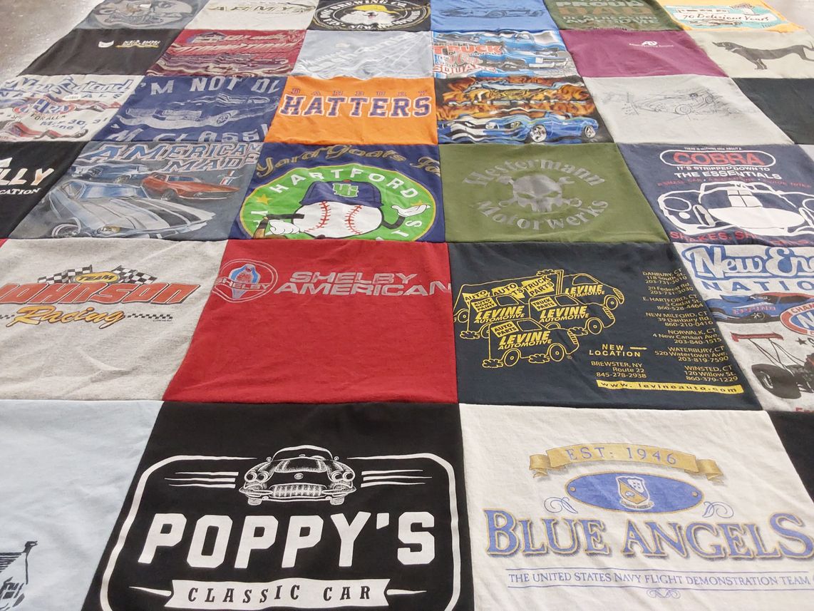 T-shirt quilt with automobiles, racing themes by Carl from CT