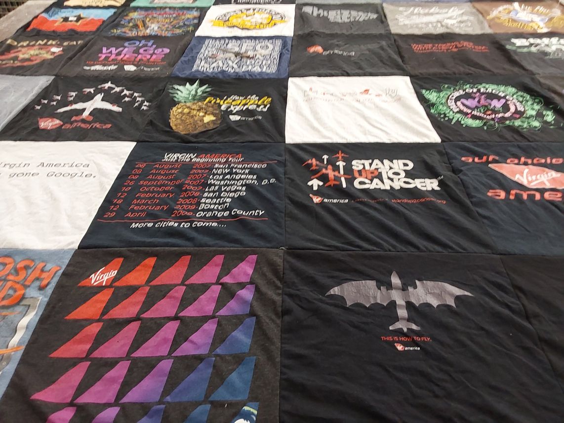 T-shirt quilt with aviation, cancer awareness themes by Steve from CA