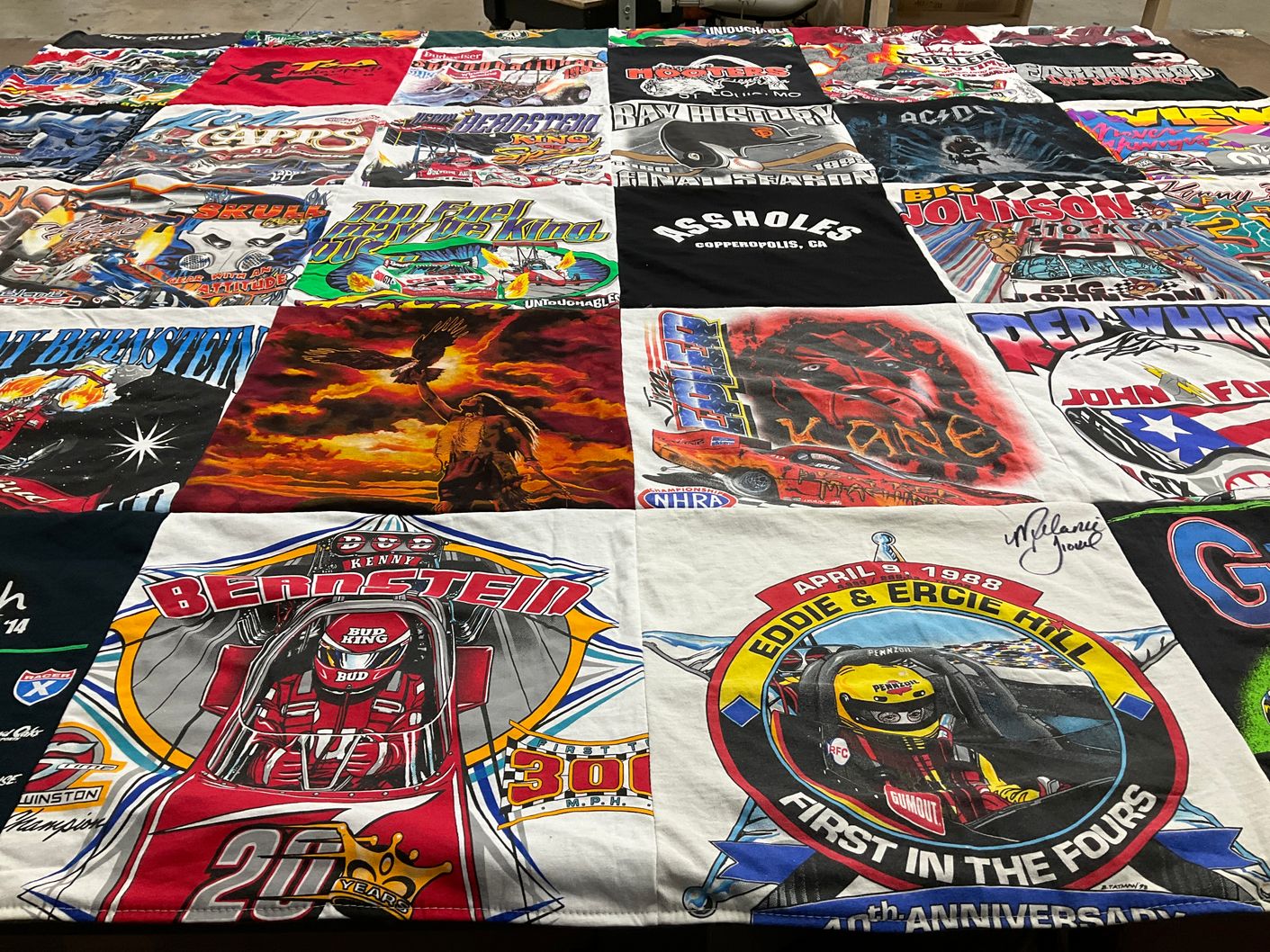T-shirt quilt with automotive, racing themes by Ingrid from CA