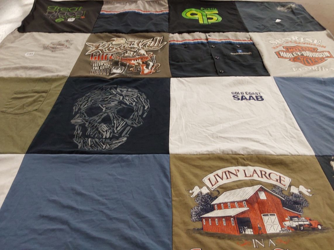 T-shirt quilt with motorcycles, farming themes by Denice from FL