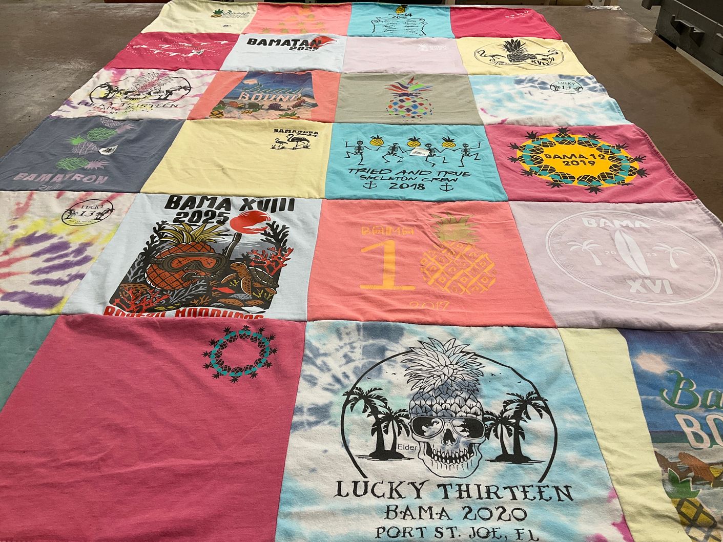 T-shirt quilt with beach, travel themes by Lorien from AR