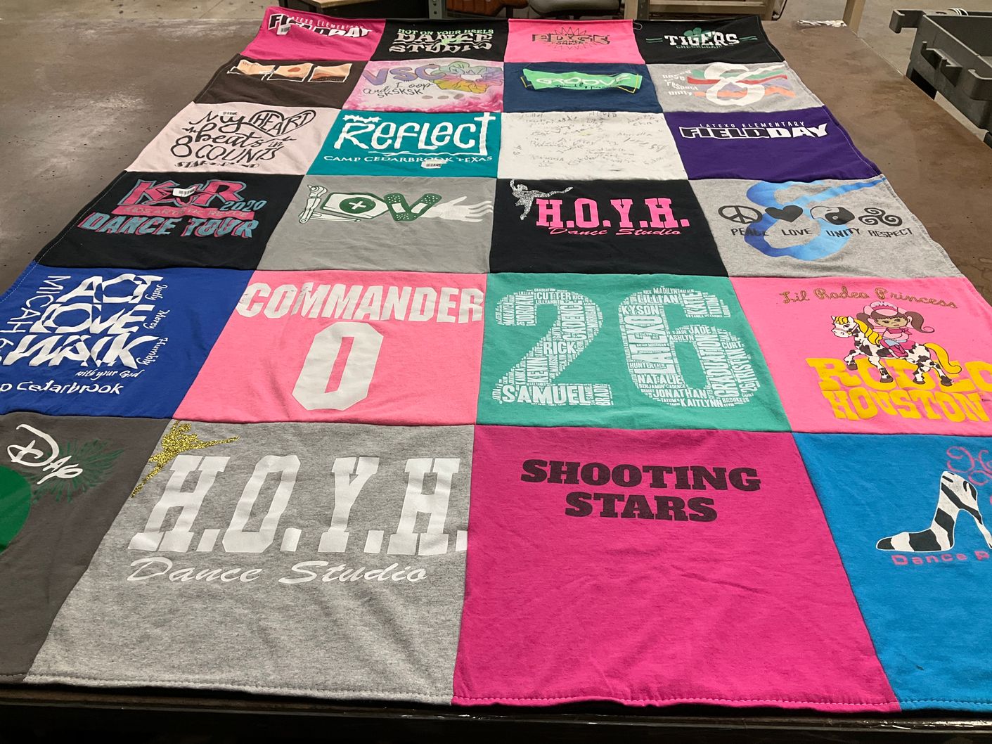 T-shirt quilt with dance, camping themes by Natalie from TX