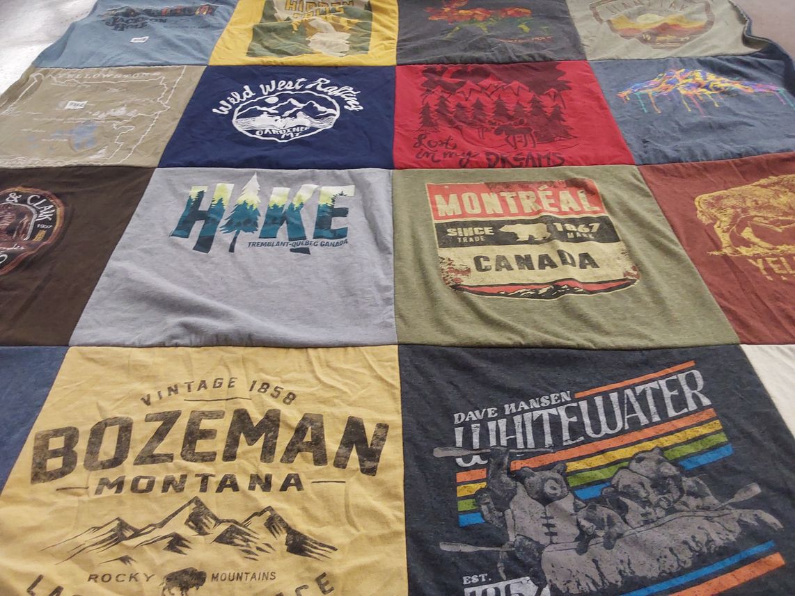 T-shirt quilt with outdoors, adventure themes by SARA from CA