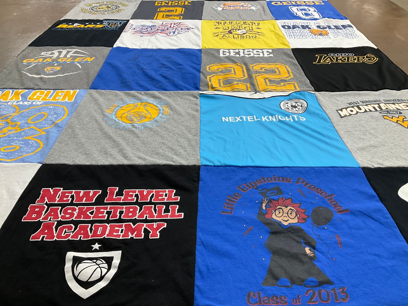 T-shirt quilt from west virginia university, oak glen high school by Vicky from WV