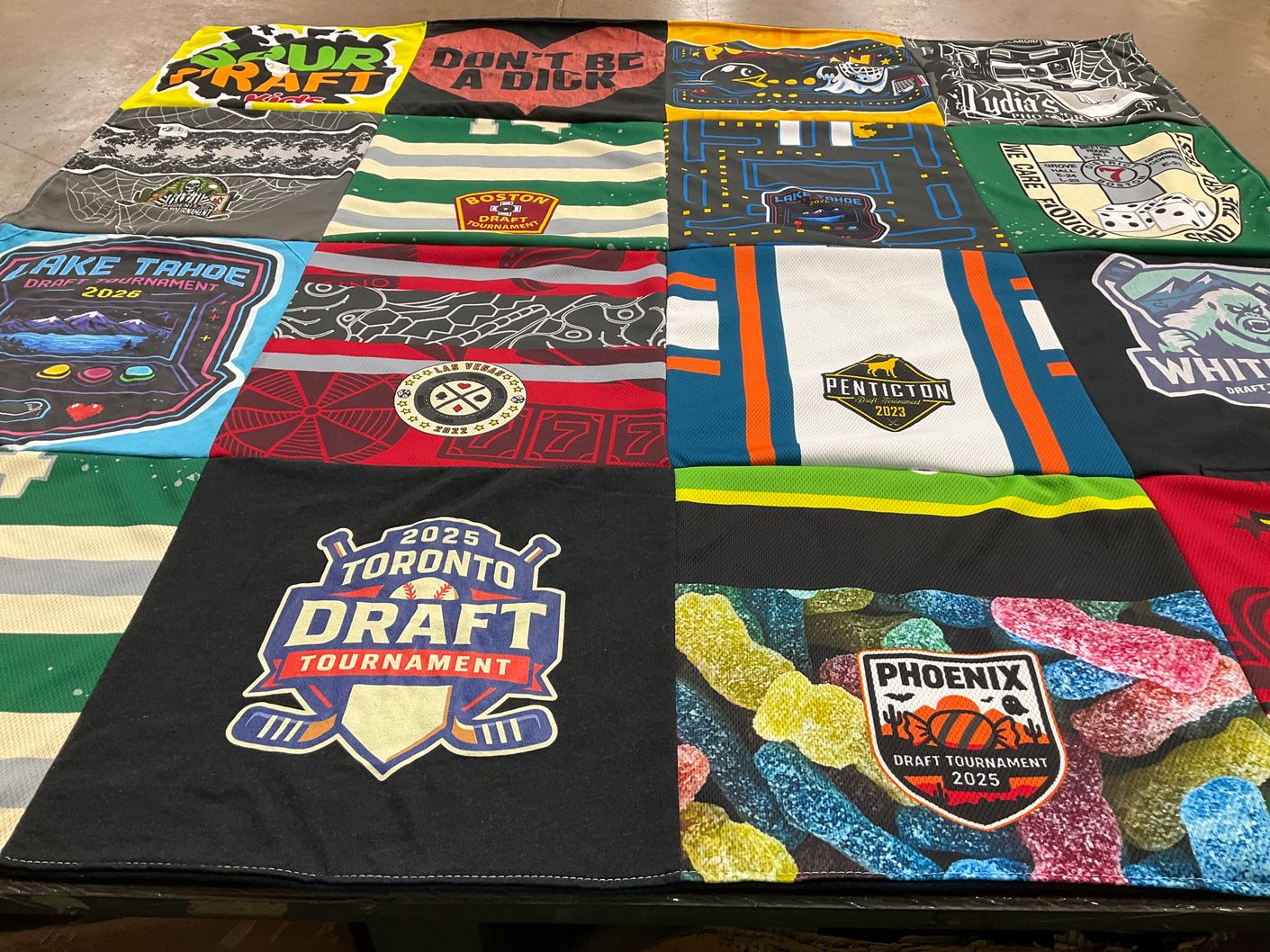 T-shirt quilt with sports, gaming themes by STEPHANIE from NV