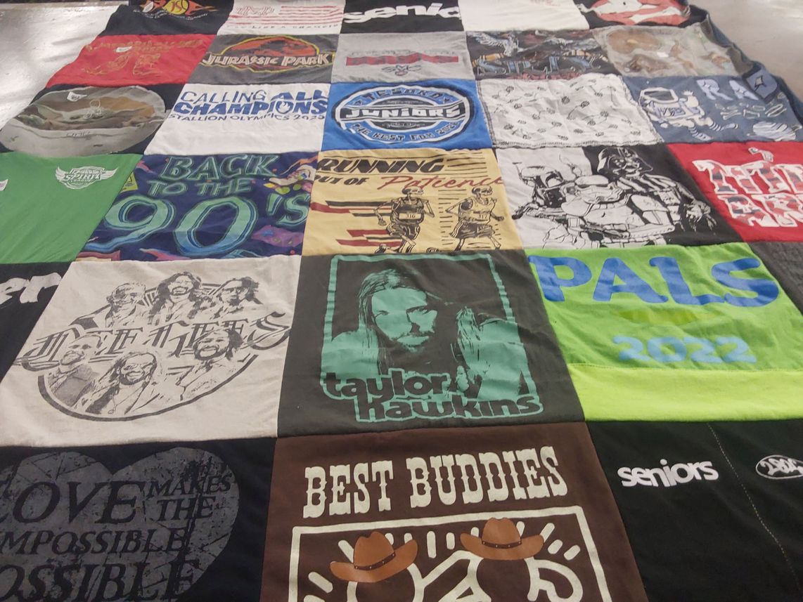 T-shirt quilt with music, nostalgia themes by Jacqueline from CA