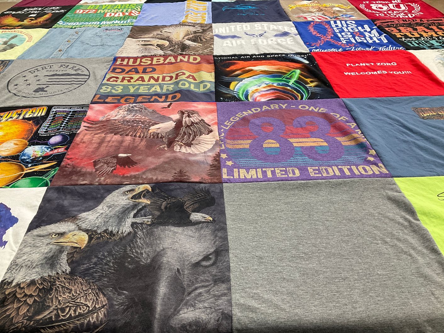 T-shirt quilt with farming, eagles themes by Anne from NY