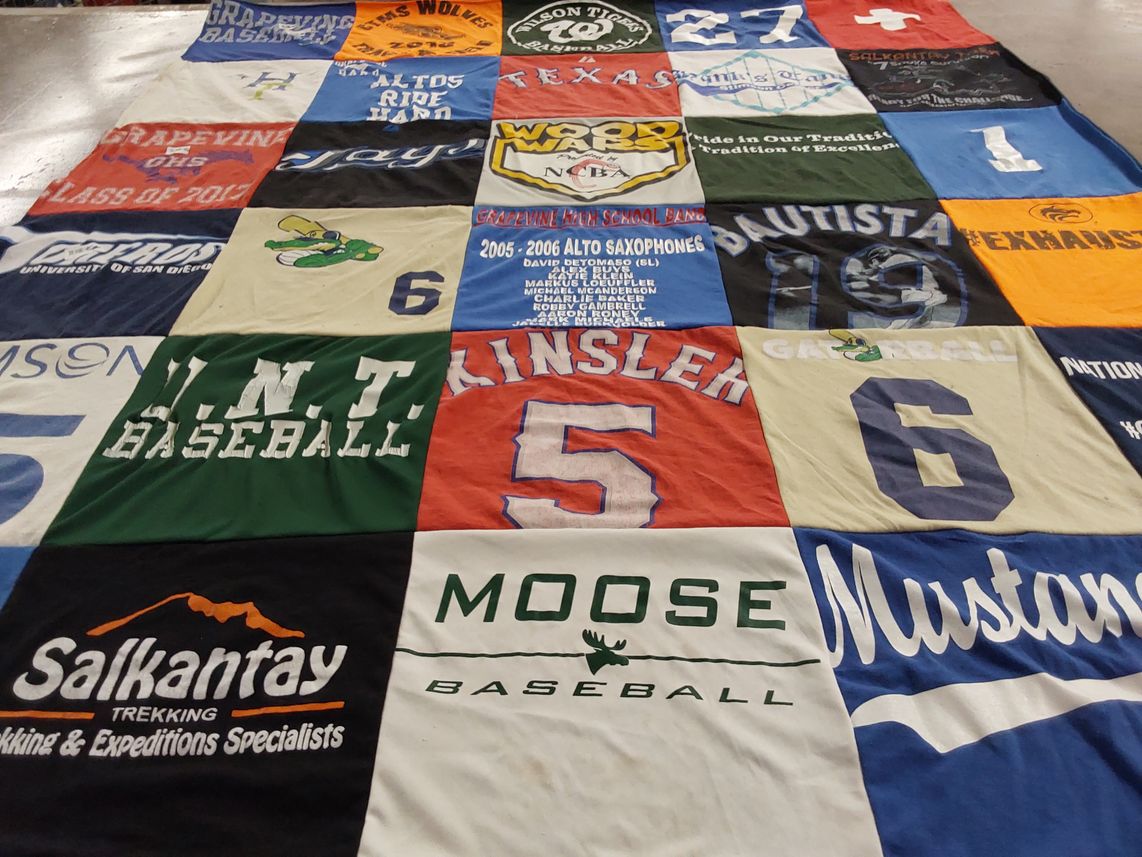 T-shirt quilt featuring moose baseball by Clare from TX