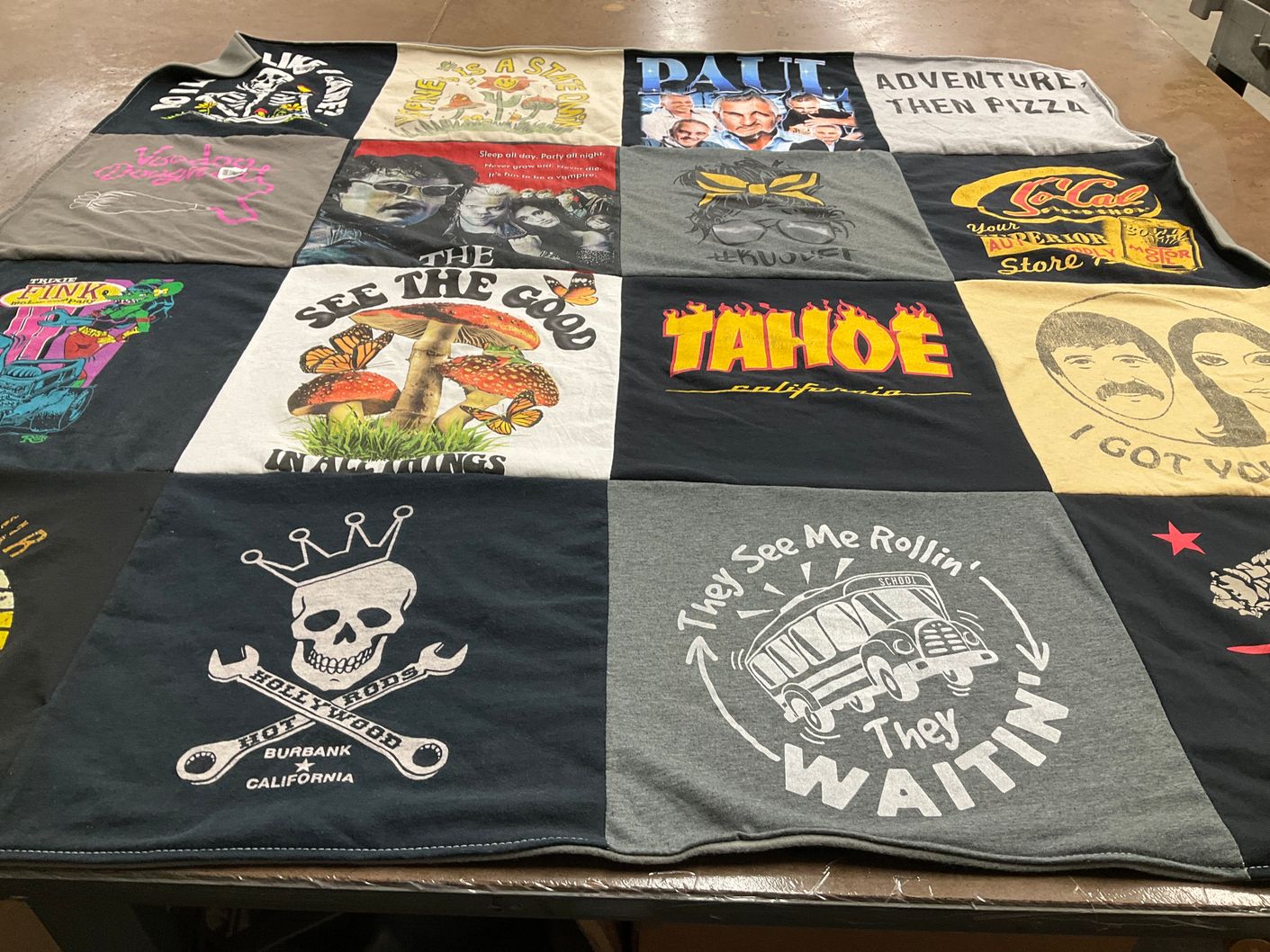 T-shirt quilt with art, pop culture themes by Kelly from CA