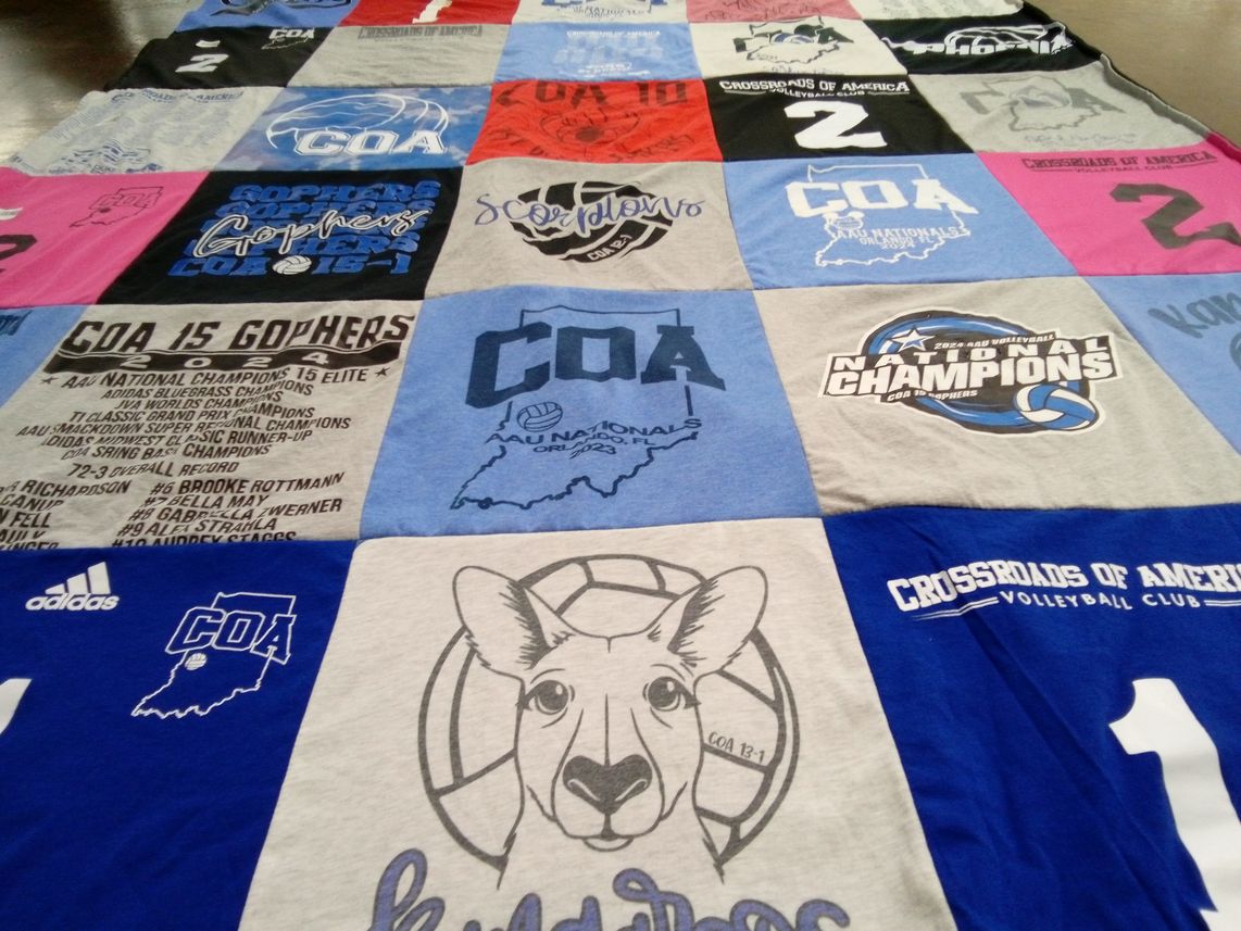 T-shirt quilt with volleyball, sports themes by Kathy from IN