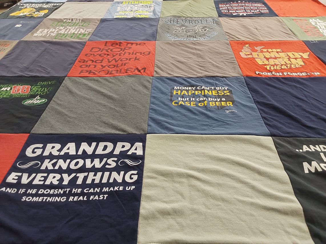 T-shirt quilt with comedy, driving themes by Sonia from IN