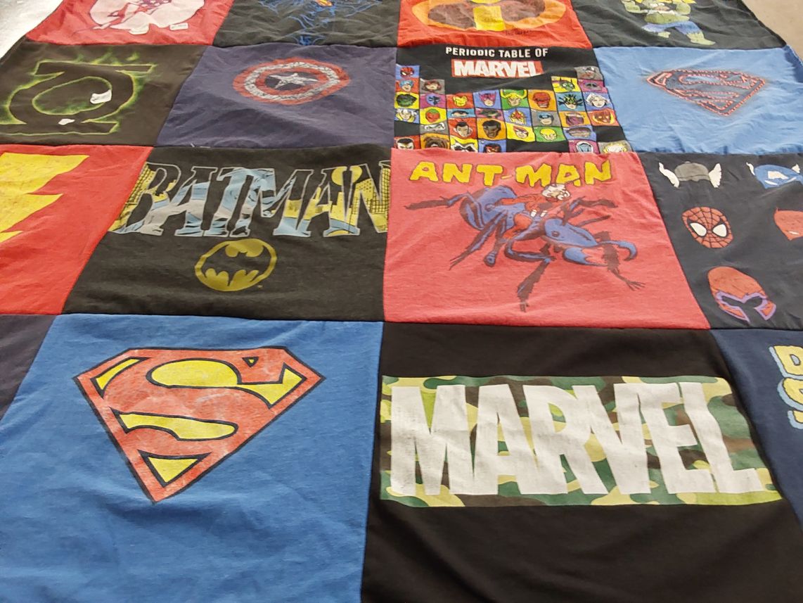 T-shirt quilt with comic books, superheroes themes by Marie from IN