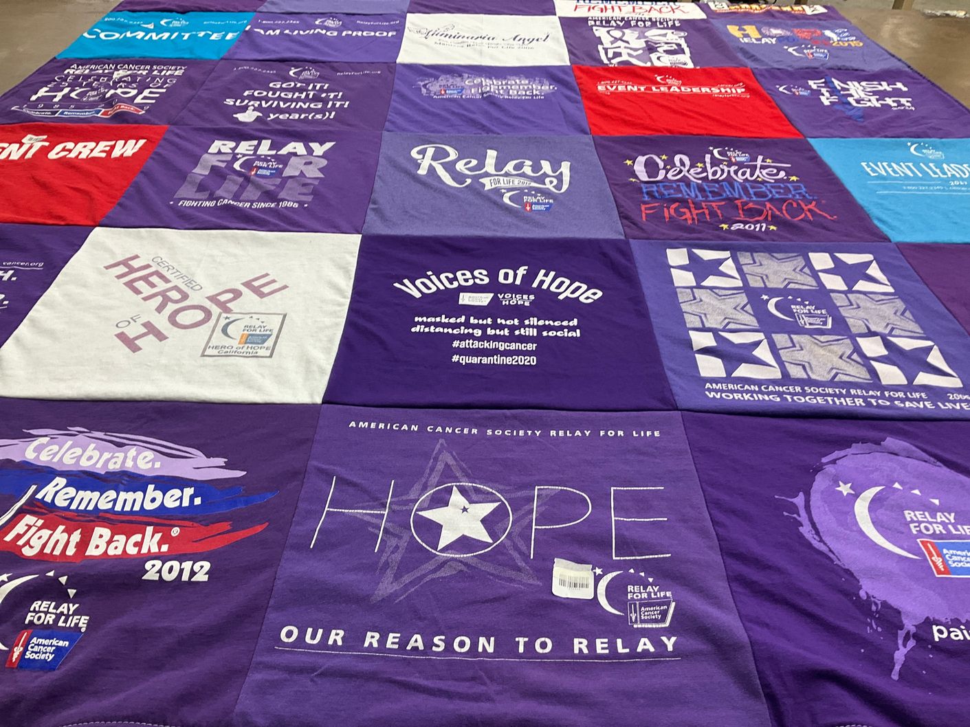 T-shirt quilt with cancer awareness, fundraising themes by Cheryl from CA
