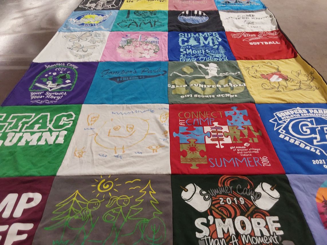 T-shirt quilt with camping, outdoors themes by Tracy from IL