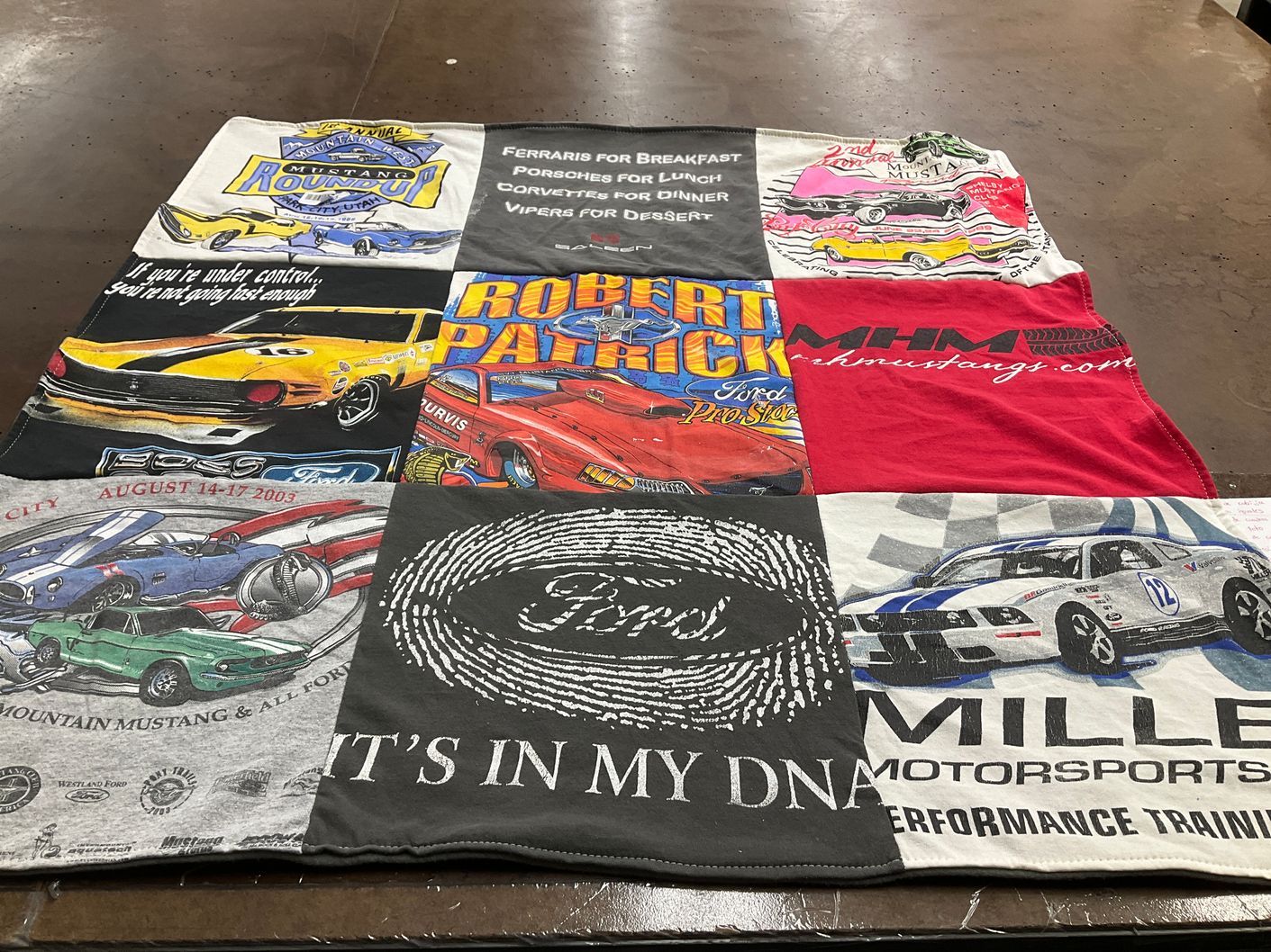 T-shirt quilt with mustangs, cars themes by Carter from UT
