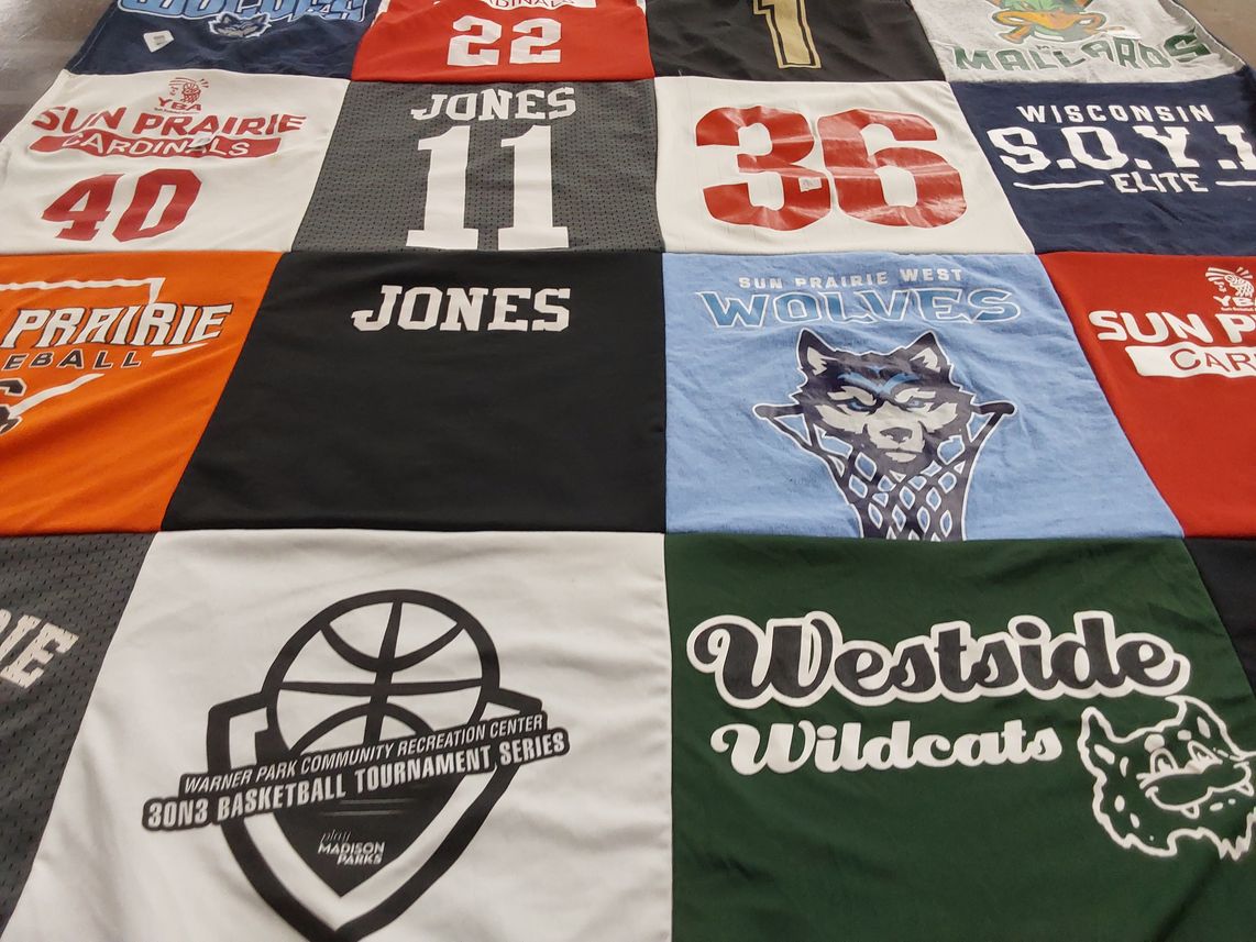 T-shirt quilt featuring sun prairie cardinals football, westside wildcats basketball by Shelly from WI
