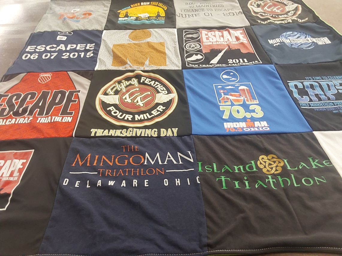 T-shirt quilt with triathlons, athletics themes by Fareeha from MI