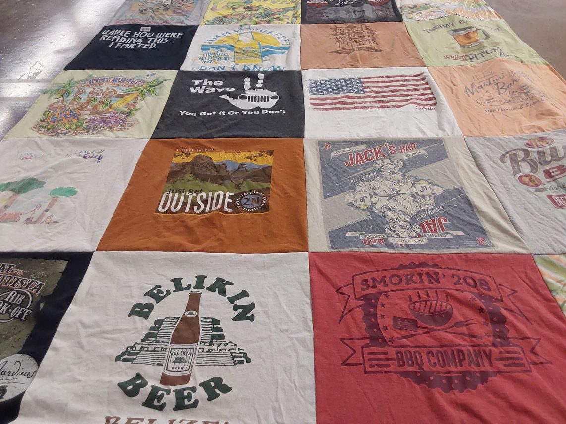 T-shirt quilt with outdoor activities, barbecue themes by Sharon from CA
