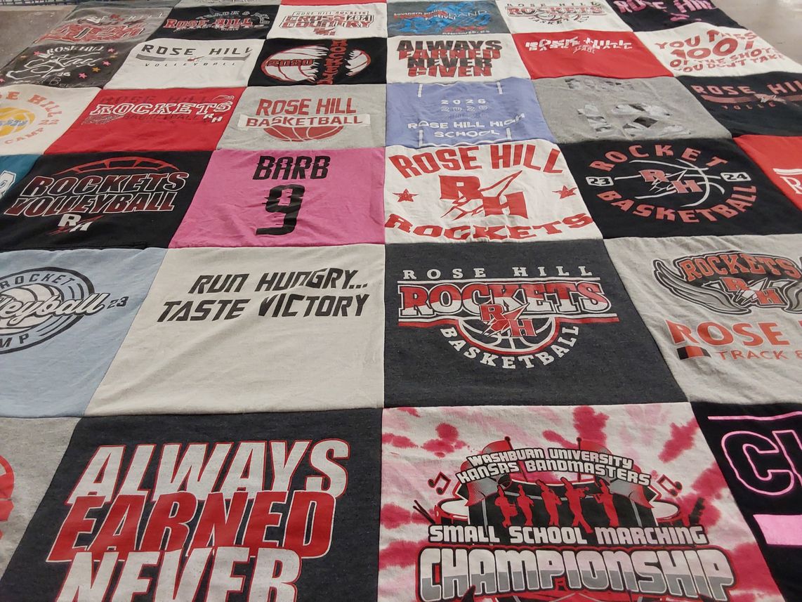 T-shirt quilt featuring rose hill rockets basketball, rose hill rockets volleyball by Kimberly from KS