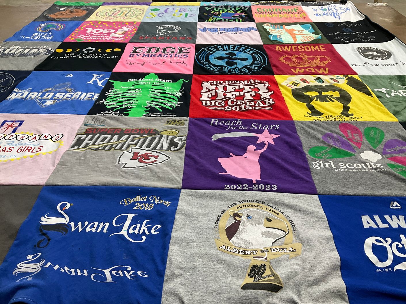 T-shirt quilt with gymnastics, ballet themes by Christine from MO