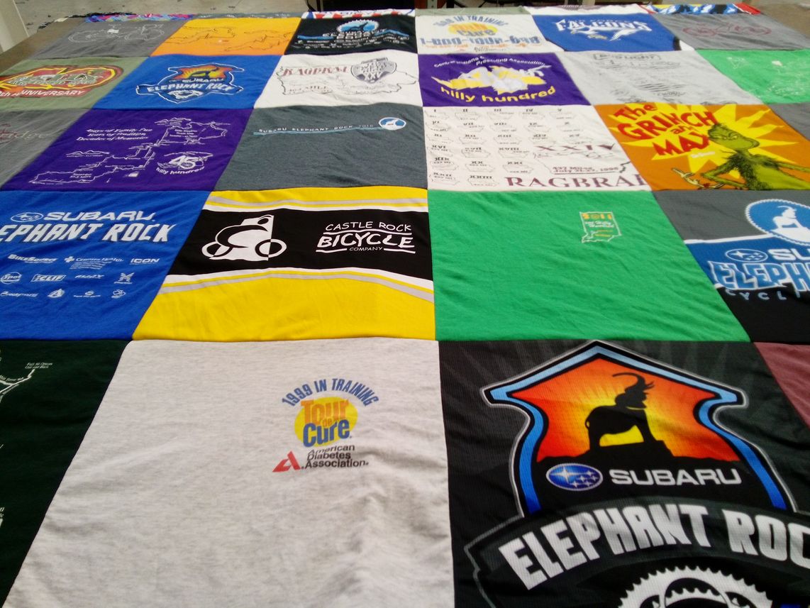 T-shirt quilt with cycling, diabetes awareness themes by Kara from CO