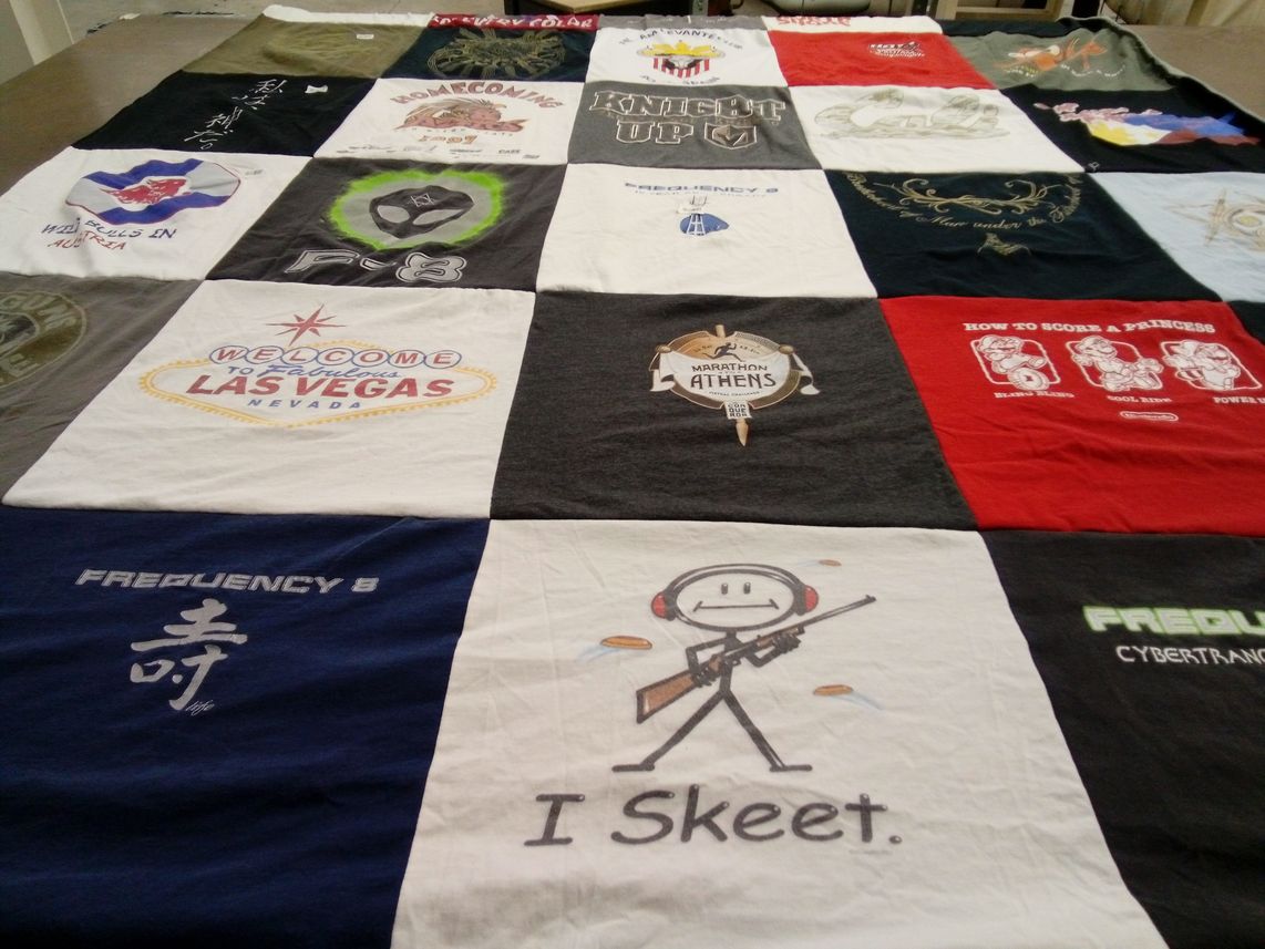 T-shirt quilt with travel, humor themes by JJ from CA