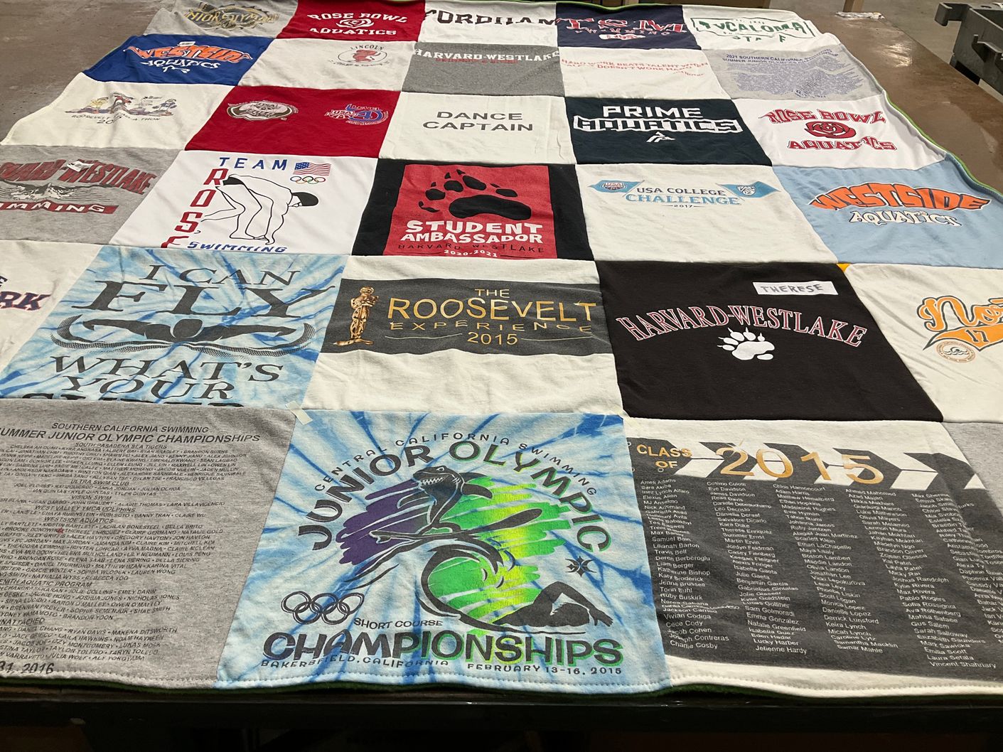 T-shirt quilt from harvard-westlake school, roosevelt school by Virginia from CA