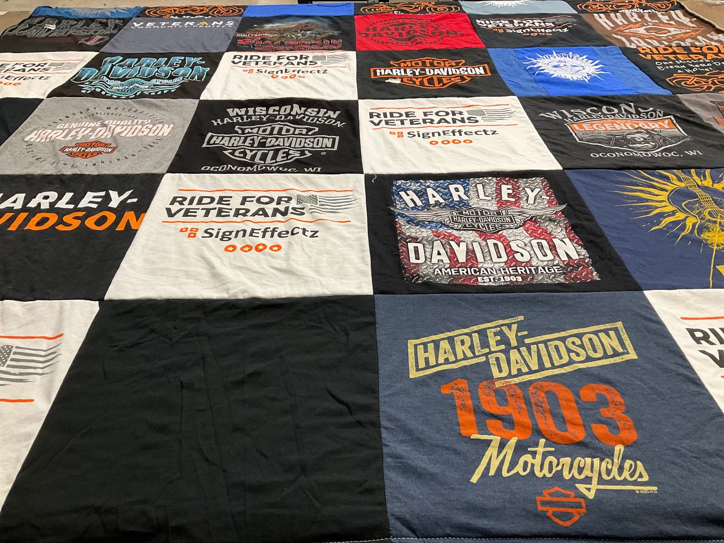 T-shirt quilt with motorcycles, veterans themes by Adam from WI
