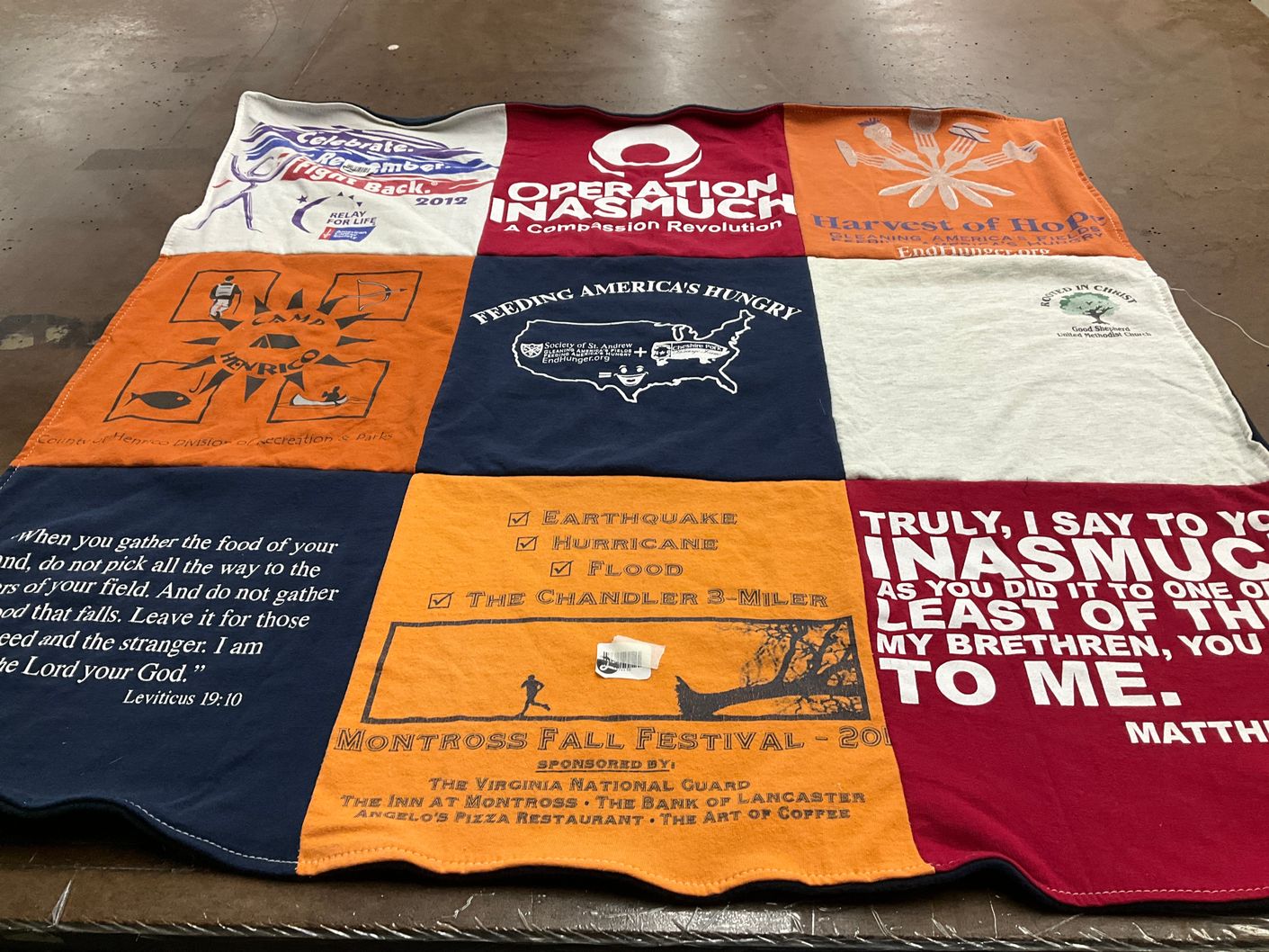 T-shirt quilt with community service, feeding the hungry themes by Kelly from VA