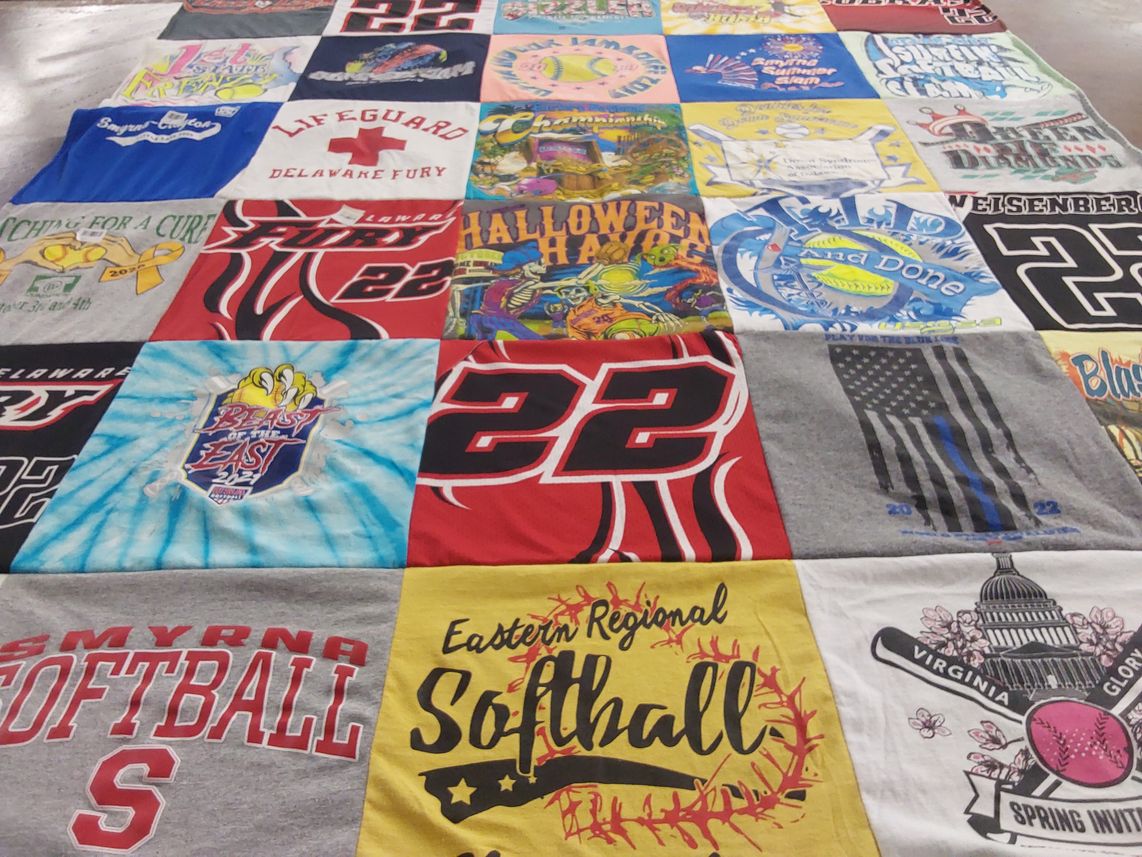 T-shirt quilt with softball, baseball themes by Turning2 from DE