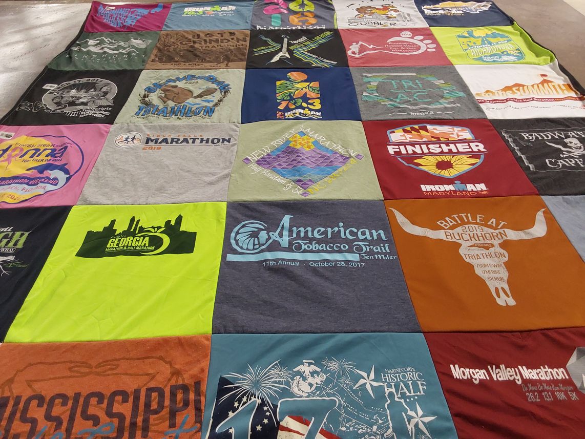 T-shirt quilt with running, triathlons themes by Whitney from NC