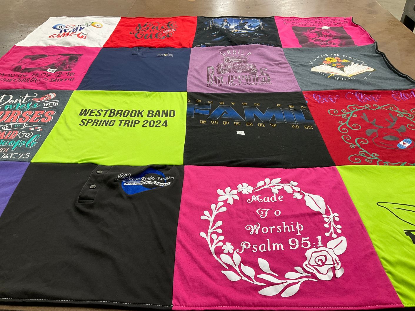 T-shirt quilt with music, worship themes by Tiffany from TX