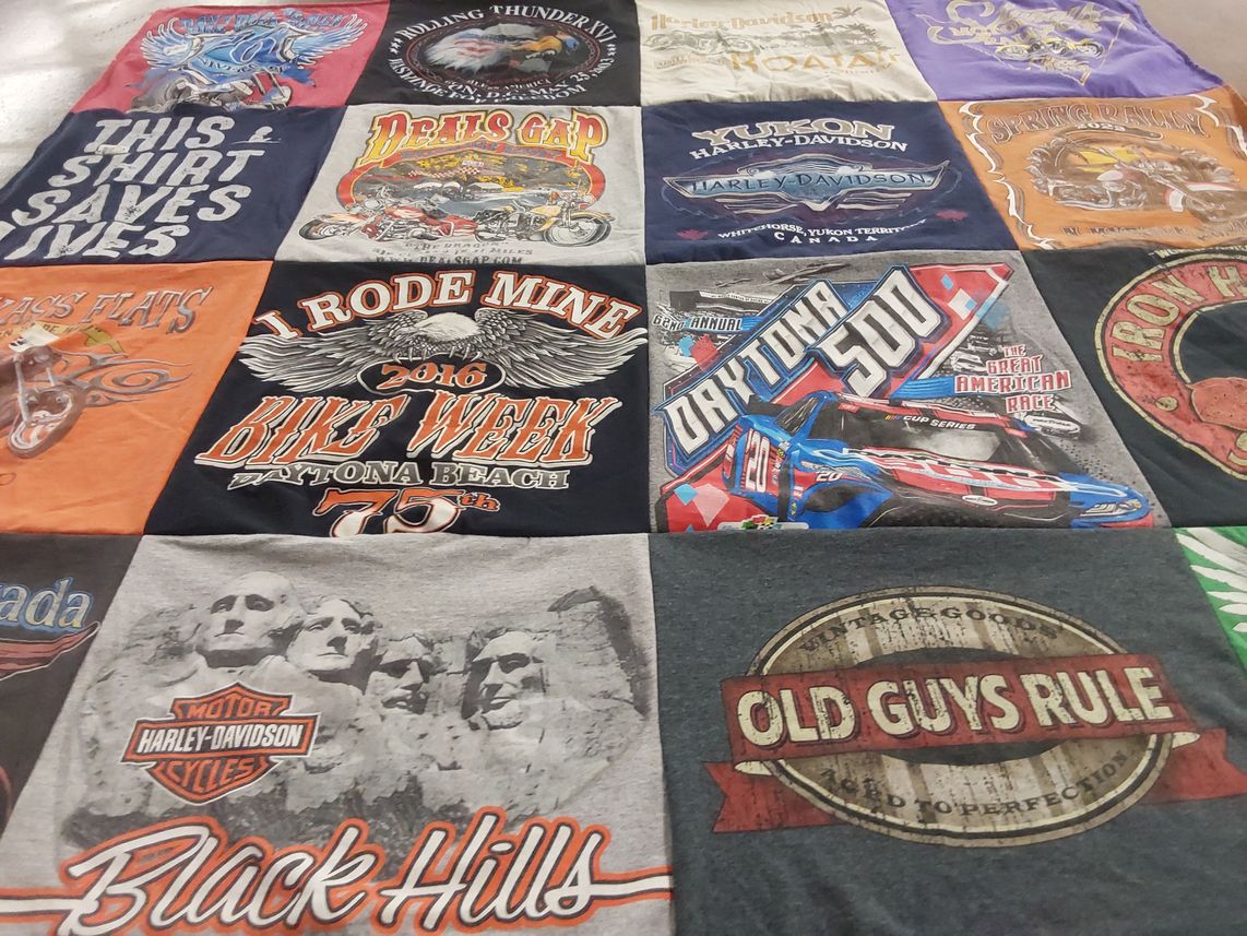 T-shirt quilt with motorcycles, racing themes by Kelly from OH