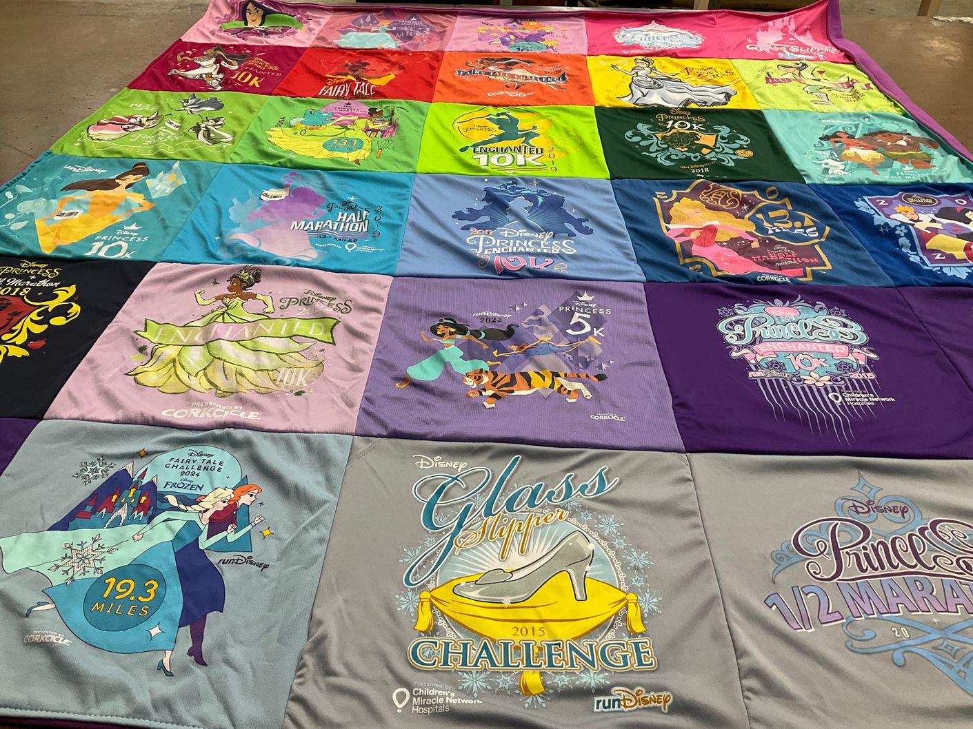 T-shirt quilt with disney marathons, disney princesses themes by Lauren from IL