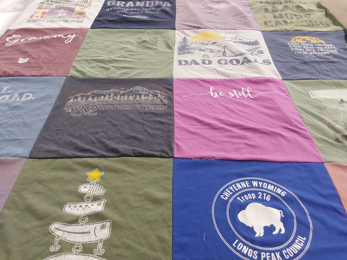 T-shirt quilt with scouting, outdoors themes by Patricia from WY