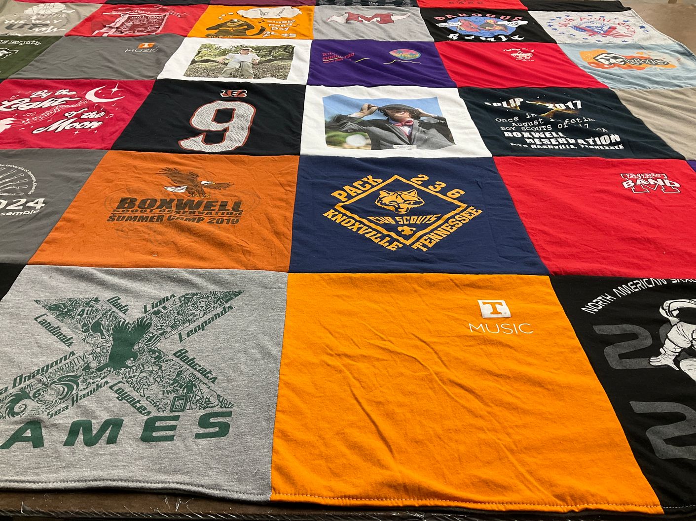 T-shirt quilt with scouting, camping themes by Angelique from TN