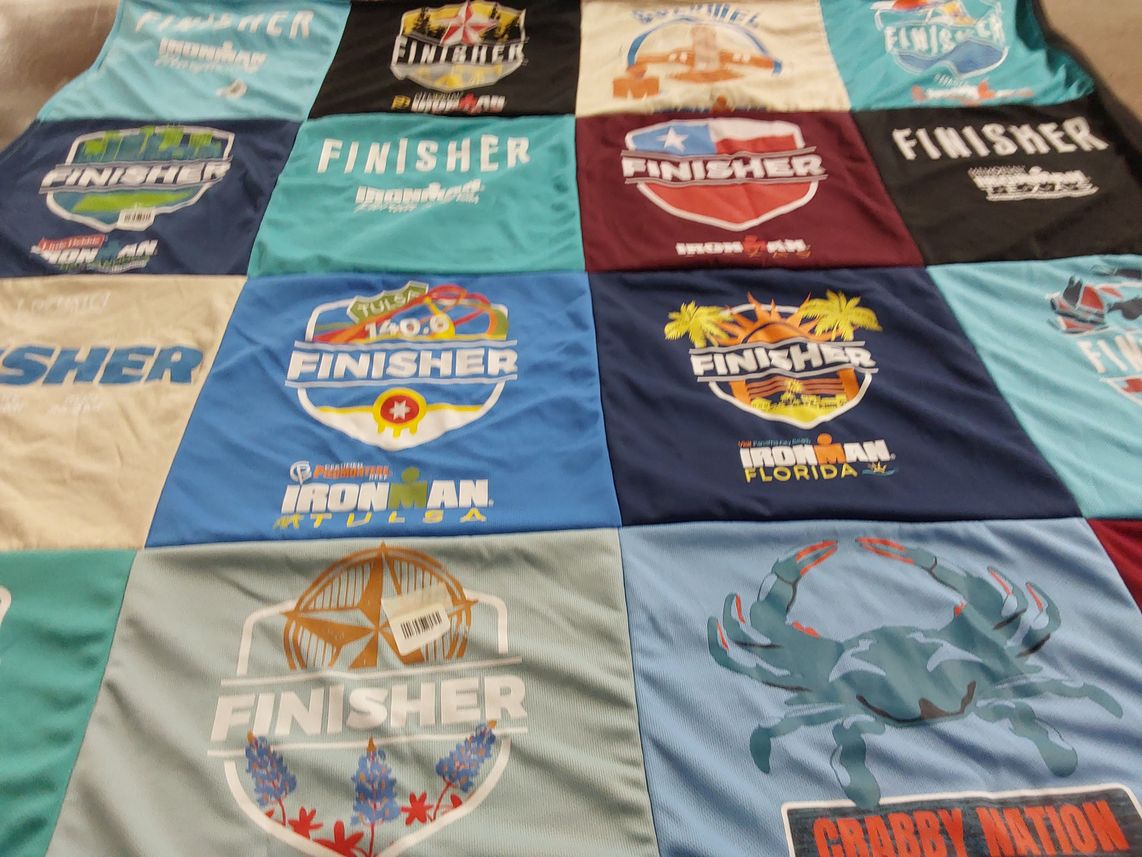 T-shirt quilt with marathon, triathlon themes by Gianna from FL