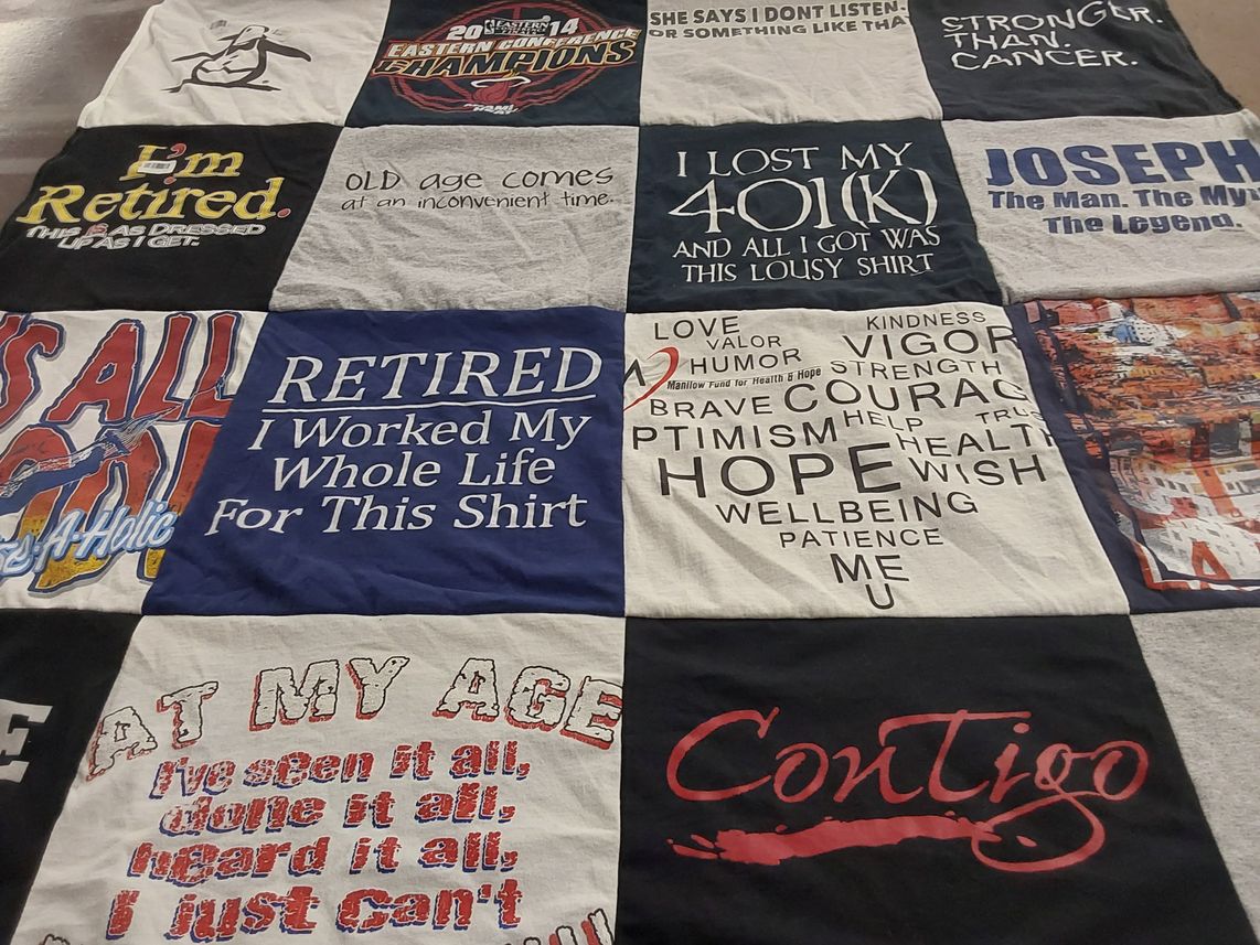 T-shirt quilt with retirement, health themes by Lauren from FL