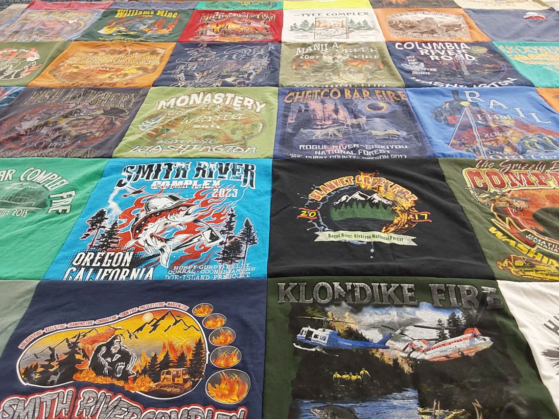 T-shirt quilt with wildfire, emergency response themes by David from WA