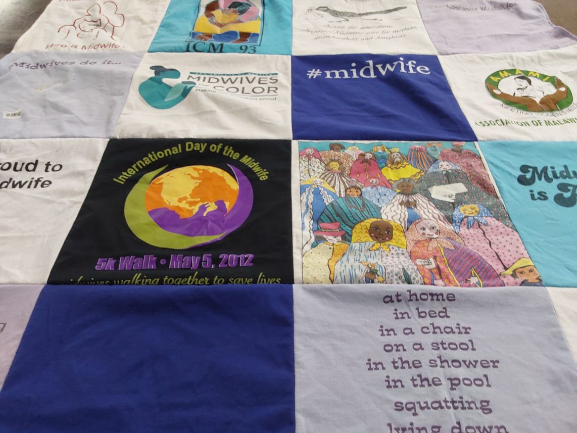 T-shirt quilt with midwifery, healthcare themes by Amy from NM