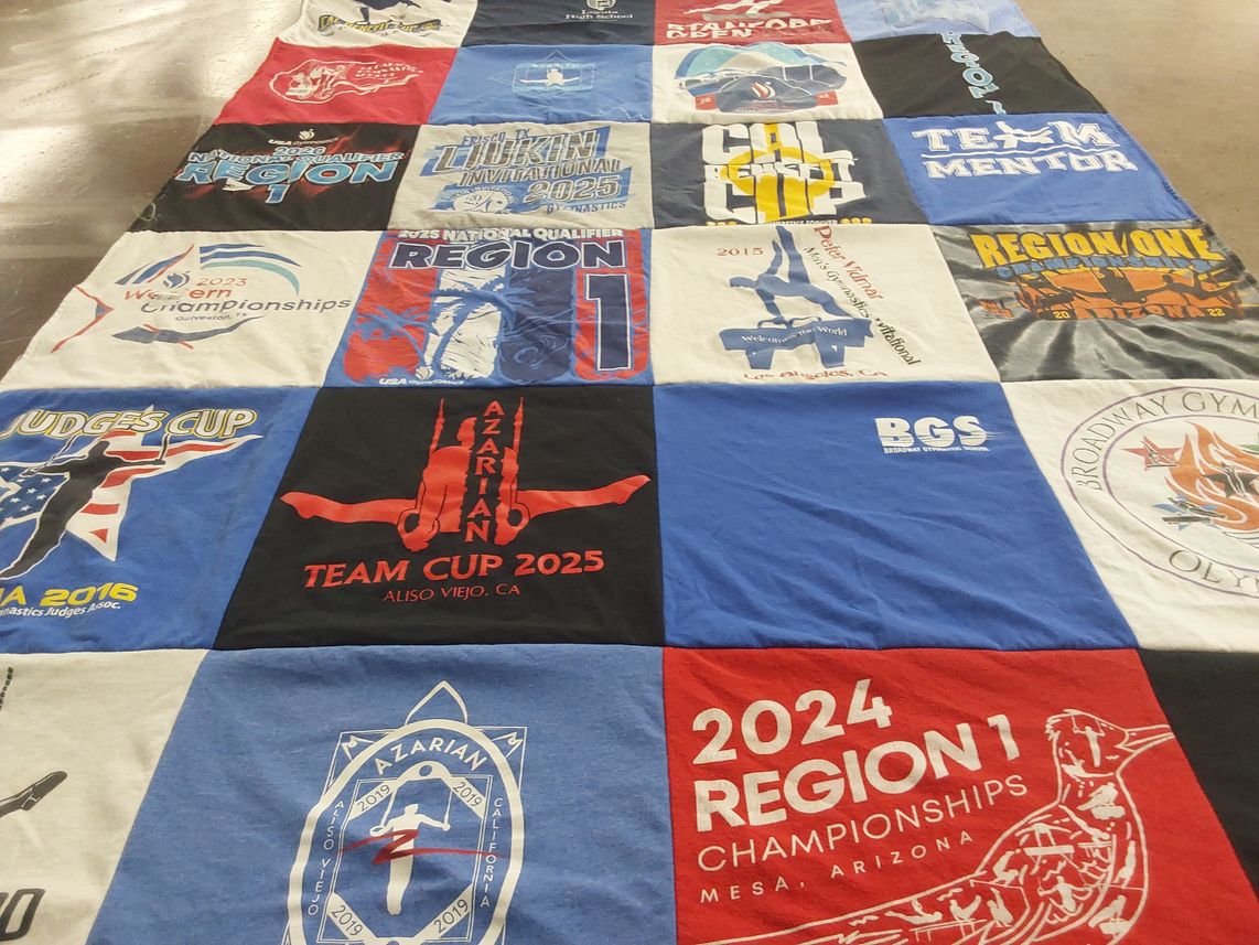 T-shirt quilt with gymnastics themes by Melissa from CA