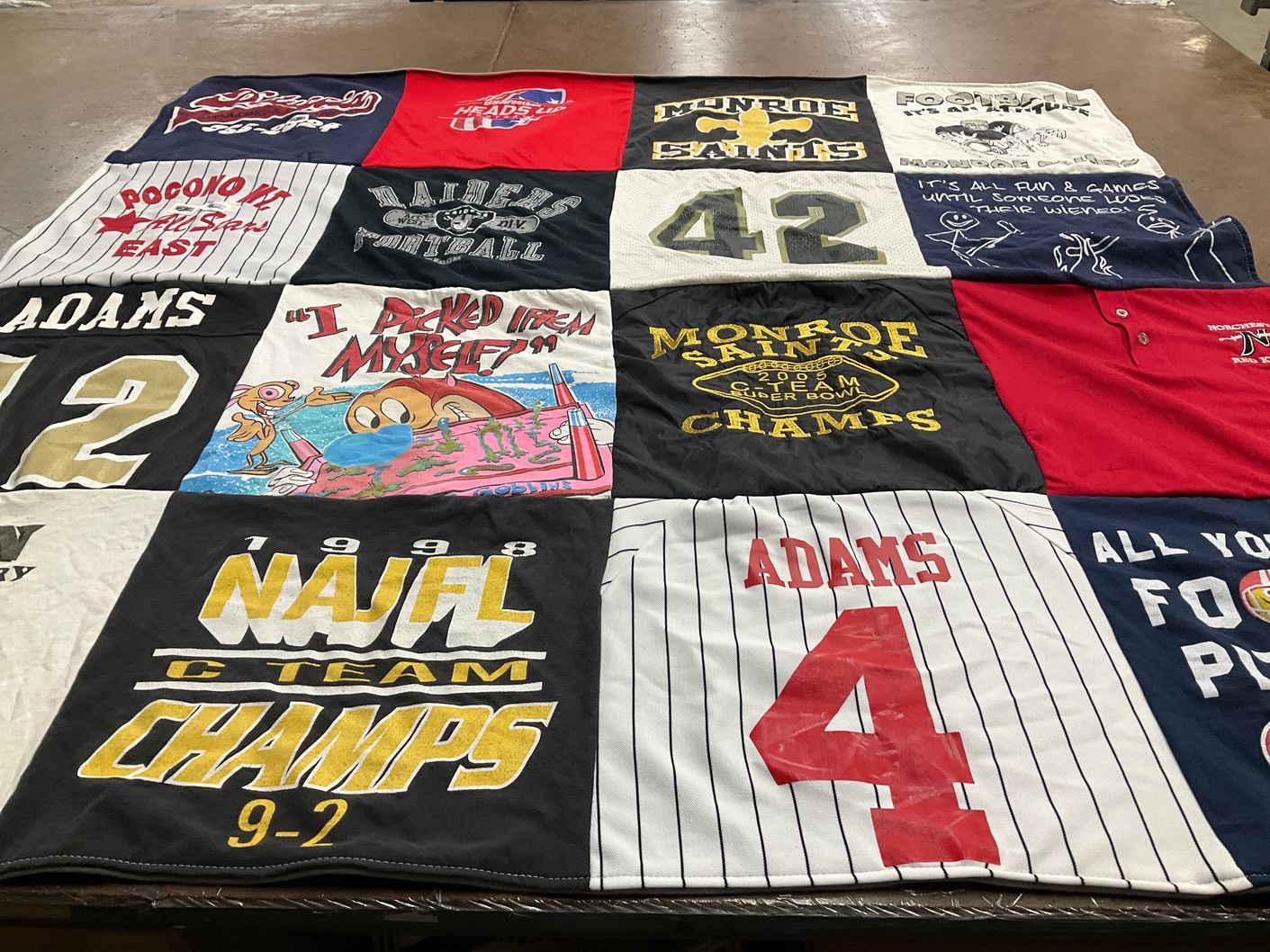 T-shirt quilt featuring monroe saints football team by Jane from PA