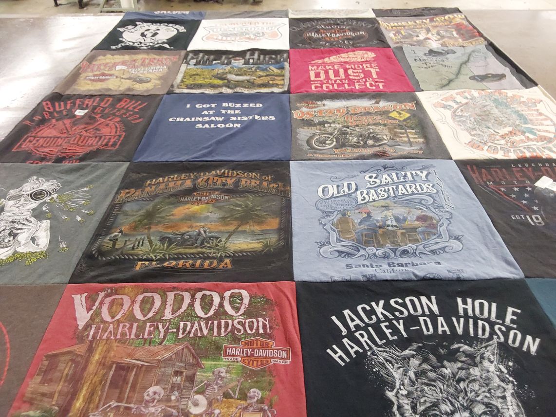 T-shirt quilt with motorcycling, biking themes by Jane from PA